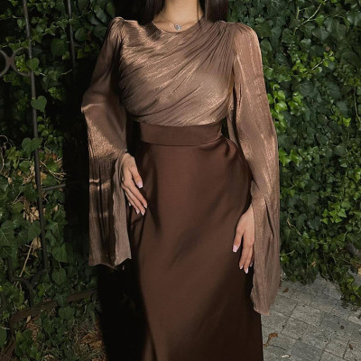 فساتين ماكسي صلبة من الساتان للنساء بمزاج رقبة على...