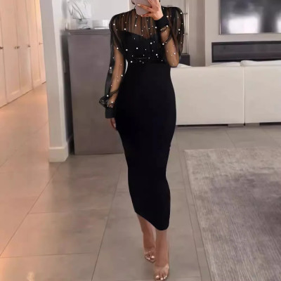 فستان نسائي بأكمام طويلة ، شفاف من خلال الخرز الشب...