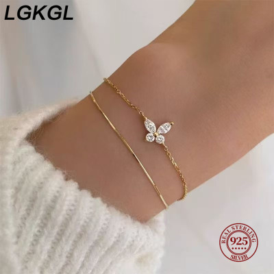 LGKGL ريال 925 فضة 14K الذهب الزركون Bowknot سلسلة...