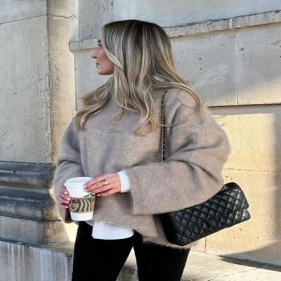 المرأة عادية س الرقبة طويلة الأكمام محبوك سترة ، ش...