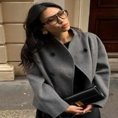 معطف قطني مزدوج الصدر أحادي اللون للنساء ، ياقة قا...