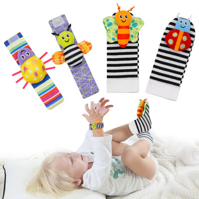4 pieces baby toy 0-12 months baby rattles toy socks with animal pictures wristband + baby foot squeaker socks with wristband baby...