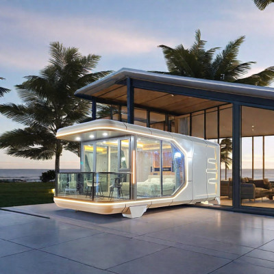 كابينة سفر زجاجية مع سقف مضلع ، منزل صغير ، سماء م...
