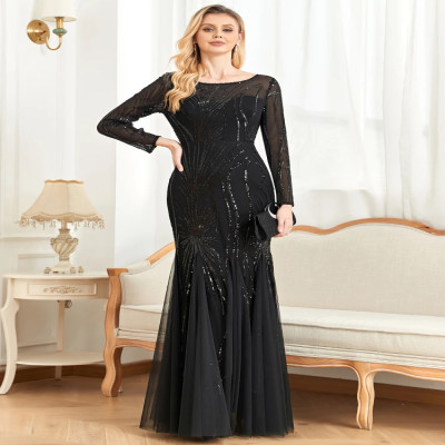 فساتين سهرة أنيقة بأكمام طويلة باللون الأسود ترتر...