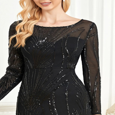 فساتين سهرة أنيقة بأكمام طويلة باللون الأسود ترتر...