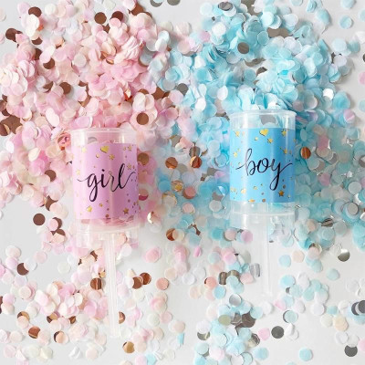 The sex reveals the confetti, the push of the cannon, the blue boy and the pink girl, Bopper paper for gender reveal, baby shower...