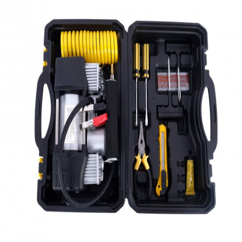 منفاخ هواء للسيارة مع مجموعة ملحقات لسلامتك على الطريق في حقيبة مميزة