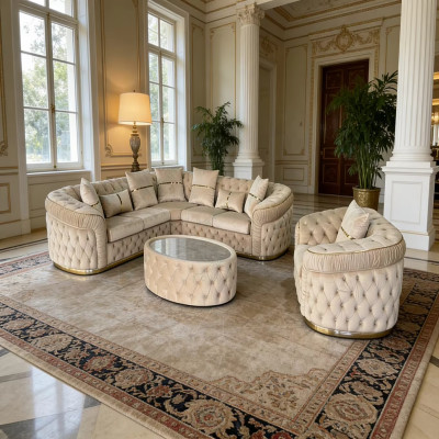 # طقم أثاث منزلي فاخر التصميم، أريكة على شكل حرف L لغرفة المعيشة مع قماش مبطن ومسند قدم بسطح رخامي