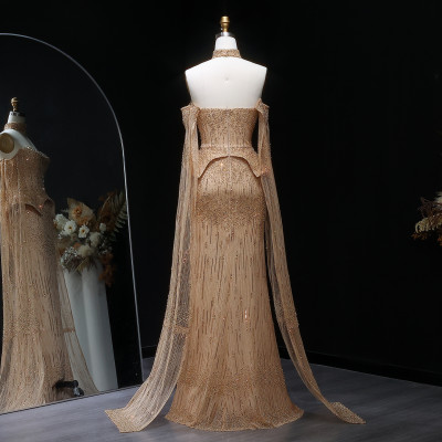 شارون سعيد فستان سهرة فاخر رمادي كريستال بأكمام كي...