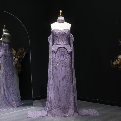 شارون سعيد فستان سهرة فاخر رمادي كريستال بأكمام كي...