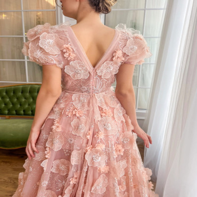 وردة وردي دانتيل 3D زهور الخامس الرقبة فستان حفلة...