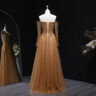 شارون سعيد فستان سهرة أنيق بدون أكتاف كراميل كم طو...