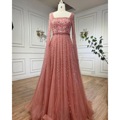 فساتين سهرة إسلامية وردية على شكل حرف A بياقة مربع...