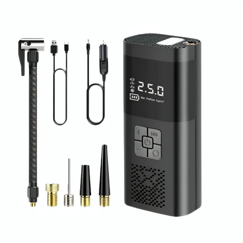 منفاخ هواء متنقل قابل للشحن مع كشاف ليد - أسود