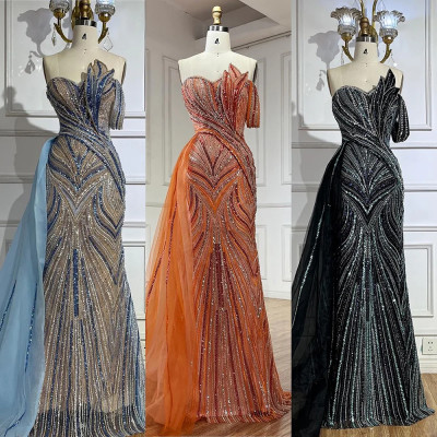 فستان سهرة بكتف واحد أزرق وهادئ مع تنورة جانبية لل...