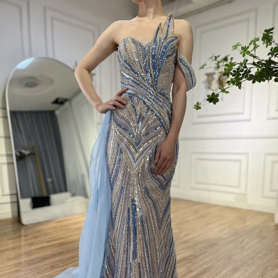 فستان سهرة بكتف واحد أزرق وهادئ مع تنورة جانبية لل...