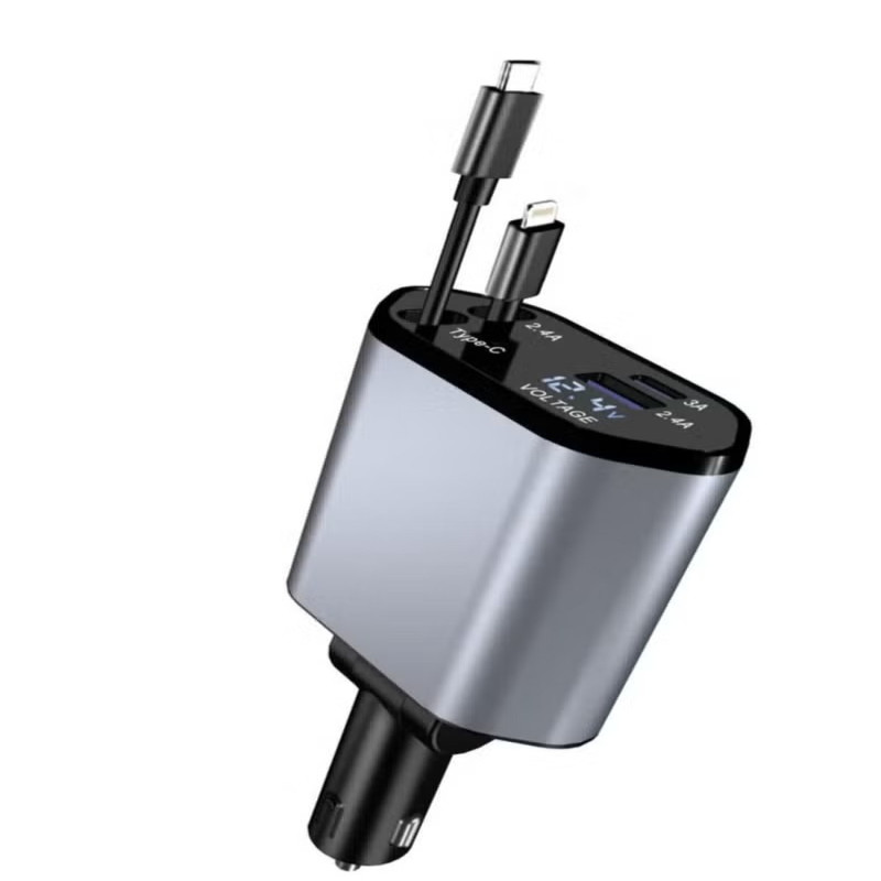 شاحن سيارة قابل للسحب 4 في 1 مع USB Type-C و Lightning وشحن سريع PD | محول شاحن سيارة لجميع الهواتف والأجهزة | يدعم الشحن السريع لـ iPhone و Samsung و Huawei و Xiaomi والمزيد | تصميم مدمج مع شاشة LED - أسود