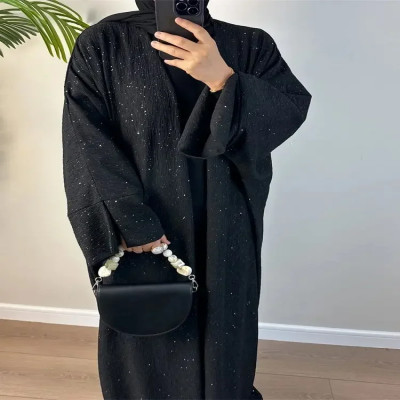 عباية شتوية مفتوحة للنساء عبايات كيمونو إسلامية مع مسحوق لامع دبي كبايا خريف متواضع إسلامي فستان قفطان حجاب