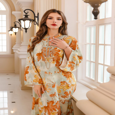 جلابية نسائية أنيقة بتصميم أوراق الخريف مناسبة للأ...