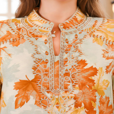 جلابية نسائية أنيقة بتصميم أوراق الخريف مناسبة للأ...