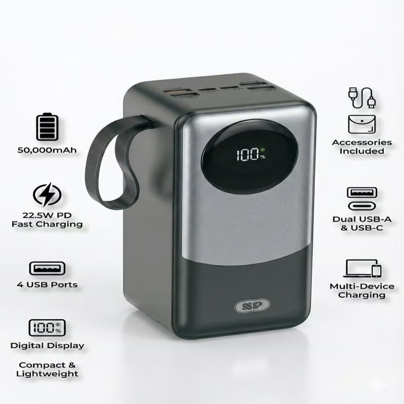 بنك طاقة بسعة 50،000 مللي أمبير مع 22.5 وات PD و 4 منافذ USB وشاشة عرض