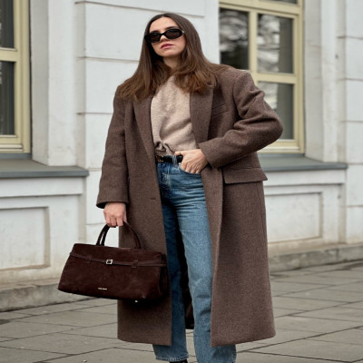 براون الكتف وسادة الصوف مزيج معطف المرأة أنيقة الت...