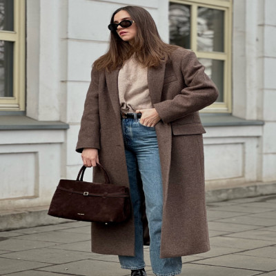 براون الكتف وسادة الصوف مزيج معطف المرأة أنيقة الت...
