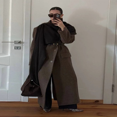 براون الكتف وسادة الصوف مزيج معطف المرأة أنيقة الت...