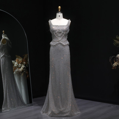 شارون سعيد فستان سهرة فاخر دبي رمادي مستقيم مع أشر...