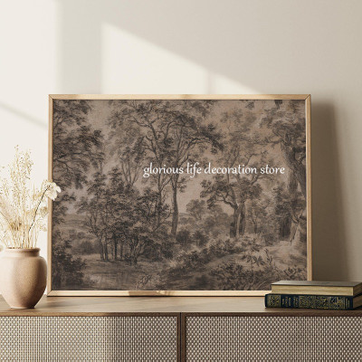 منظر طبيعي خشبي عتيق ، ملصق بني ، شجرة غابة داكنة...