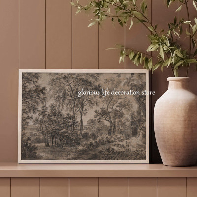 منظر طبيعي خشبي عتيق ، ملصق بني ، شجرة غابة داكنة...