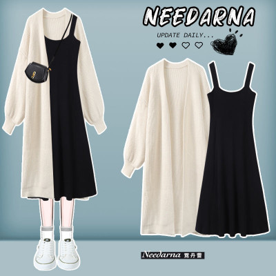 كارديجان نسائي فضفاض محبوك وفستان جينز ضيق ، طقم م...