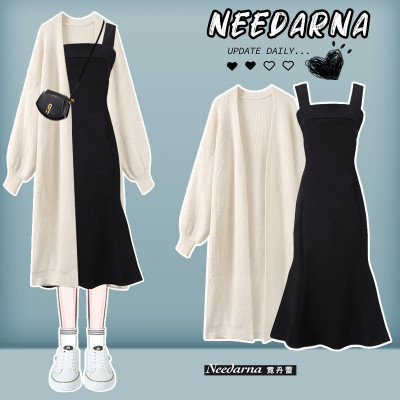 كارديجان نسائي فضفاض محبوك وفستان جينز ضيق ، طقم م...