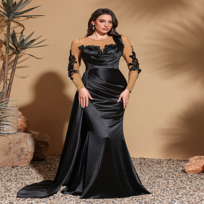 فستان ساتان شبكي مزين بأكمام طويلة مع أشرطة جانبية