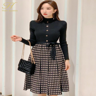 H Han Queen - women's knitted dresses with colorful blocks, office dress with tie, stylish top jacket, winter