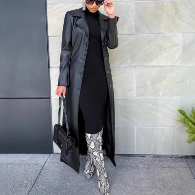 معطف جلد طويل نسائي