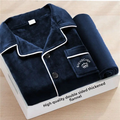 طقم بيجامات من الصوف السميك للرجال بأكمام طويلة مل...