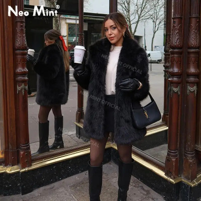 Artificial fox fur thin coat for women, long fur coats, warm jacket for girls, eco-friendly fur, winter blazer lapel, new, fashion...