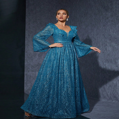 فستان سهرة راقي بأكمام طويلة وياقة مكشكشة من Mgiac...