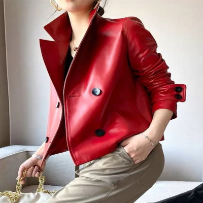 Modigirl autumn winter red faux leather jackets for women 2024 new worn long sleeve polyester leather leather coats short worn for...