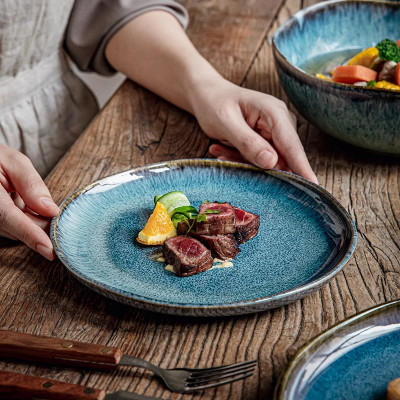 لوحة تغيير الفرن الزرقاء، أطباق الشاحن، أطقم العشا...