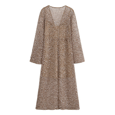 فستان نسائي طويل مطرز بالترتر مثير بياقة على شكل v...