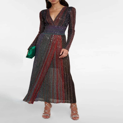 Twotwinstyle فستان مخطط للنساء كم طويل الخامس الرق...