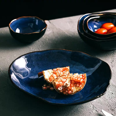 KINGLANG-طقم أطباق سيراميك ، طقم أطباق ، لون أزرق...