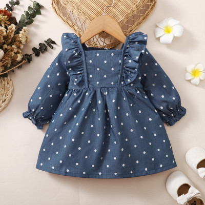 A cute long-sleeved polka dot dress, in blue, ruff...
