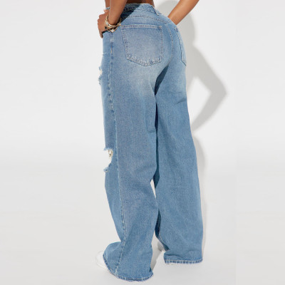 الموضة الجديدة عالية الخصر واسعة الساق الجينز لخري...