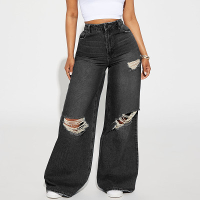 الموضة الجديدة عالية الخصر واسعة الساق الجينز لخري...