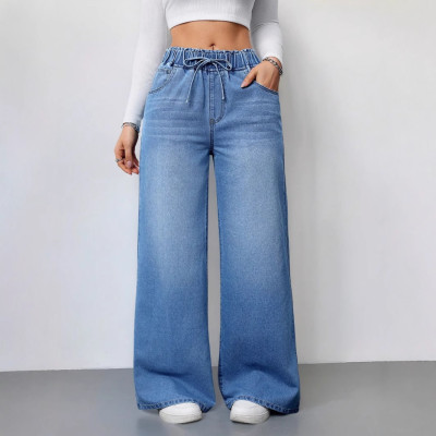بنطال جينز واسع الساق للنساء من قماش الدنيم المغسو...