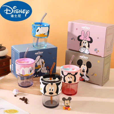 ديزني-كوب زجاجي مزدوج مع قش ، ميكي وميني ماوس ، زج...