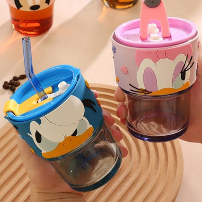 ديزني-كوب زجاجي مزدوج مع قش ، ميكي وميني ماوس ، زج...
